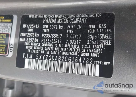 2012 Hyundai Santa Fe Gls z USA, uszkodzony, nr VIN 5XYZGDAB2CG164732